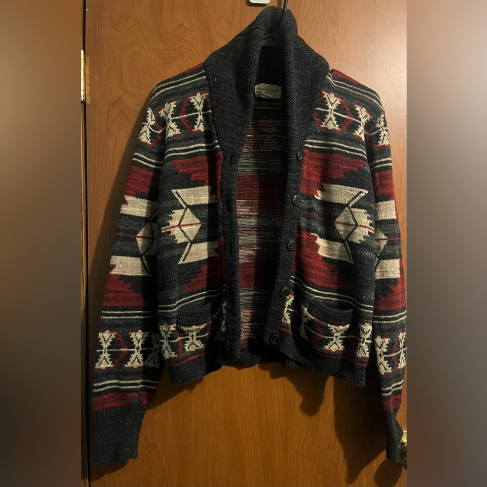 Ralph Lauren cardigan 
Red gray white tan mid west design XL fits like a L